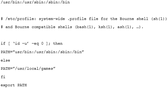 /usr/bin:/usr/sbin:/sbin:/bin

# /etc/profile: system-wide .profile file for the Bourne shell (sh(1))

# and Bourne compatible shells (bash(1), ksh(1), ash(1), «

if [ ‘id -u’ -eq 0 ]; then

PATH="usr/bin:/usr/sbin:/sbin:/bin”

else
PATH="/usr/local/games”
fi

export PATH