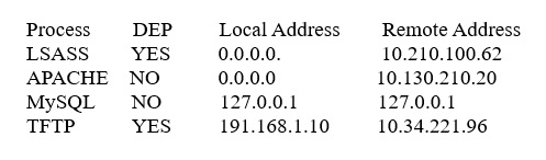 Process
LSASS
APACHE
MySQL
TFTP

DEP
YES
NO
NO
YES

Local Address
0.0.0.0.
0.0.0.0
127.0.0.1
191.168.1.10

Remote Address
10.210.100.62
10.130.210.20
127.0.0.1
10.34.221.96