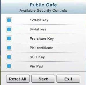 Public Cafe
Available Security Controls:

128-bit key
64-bit key

Pre-share Key
PKI certificate

SSH Key

Pin Pad