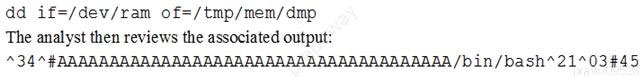 dd if=/dev/ram of=/tmp/mem/dmp
The analyst then reviews the associated output:
“34 °#RAAAAAAAAAAAAAAAAAAAAAAAAAAAAAAAAAAAAA /bin/bash*21*03#45