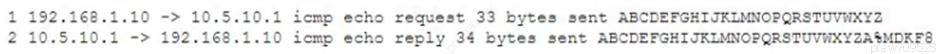 1 192.168.1.10 -> 10.5.10.1 icmp echo request 33 bytes sent ABCDEFGHIJKLMNOPQRSTUVHXY2Z
2 10.5.10.1 -> 192.168.1.10 icmp echo reply 34 bytes sent ABCDEFGHIJKLMNOPQRSTUVWXYZASMDRES