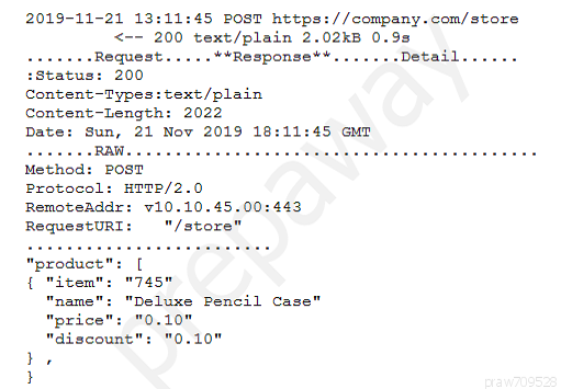 2019-11-21 13:11:45 POST https: //company.com/store
<-- 200 text/plain 2.02kB 0.95
-++sRequest.....4*Response**.......Detail
tatus: 200
Content-Types: text/plain
Content-Length: 2022
Date: Sun, 21 Nov 2019 1
Method: POST
Protocol: HTTP/2.0
RemoteAddr: v10.10.45.00:443

RequestURI: "/store"
"product
{ "item": "745"

"name": "Deluxe Pencil Case”