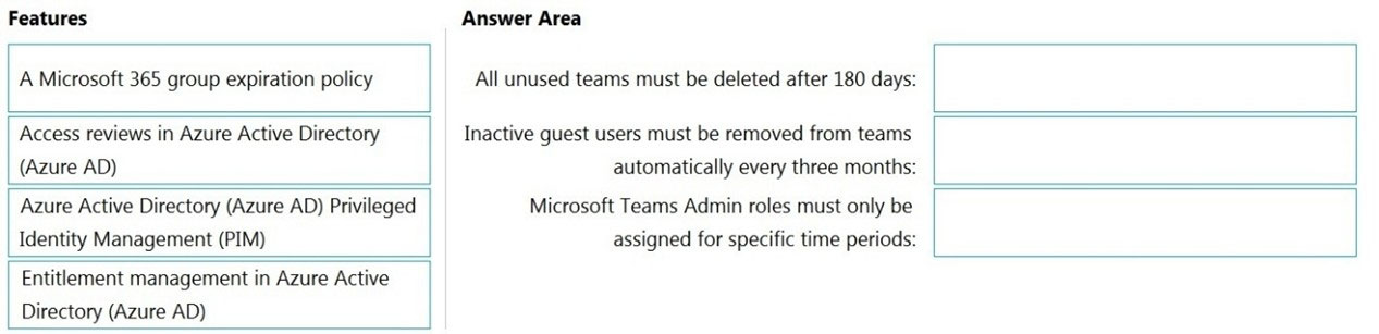 Features

A Microsoft 365 group expiration policy

Access reviews in Azure Active Directory
(Azure AD)

Azure Active Directory (Azure AD) Privileged
Identity Management (PIM)

Entitlement management in Azure Active
Directory (Azure AD)

Answer Area

All unused teams must be deleted after 180 days:

Inactive guest users must be removed from teams
automatically every three months:

Microsoft Teams Admin roles must only be
assigned for specific time periods: