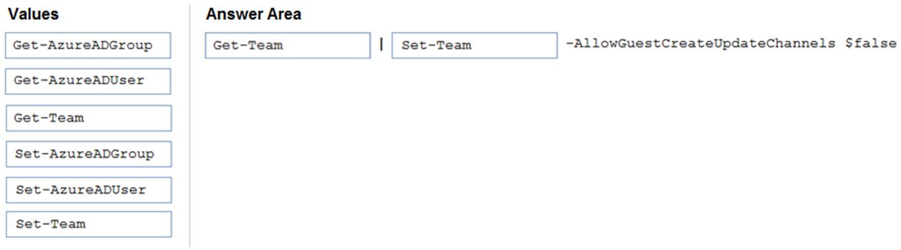 Values

Get-AzureADGroup

Set-Team

Get-AzureADUser

Get-Team

Set-AzureADGroup

Set-AzureADUser

Set-Team

-AllowGuestCreateUpdateChannels $false