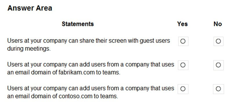 Answer Area

Statements Yes

Users at your company can share their screen with guest users ©
during meetings.

Users at your company can add users from a company thatuses ©
an email domain of fabrikam.com to teams.

Users at your company can add users from a company thatuses ©
an email domain of contoso.com to teams.

No