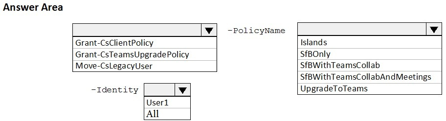 Answer Area

W| -PolicyName

Islands
SfBOnly

SfBWithTeamsCollab
SfBWithTeamsCollabAndMeetings
UpgradeToTeams

Grant-CsClientPolicy
Grant-CsTeamsUpgradePolicy
Move-CsLegacyUser

~Identity Vv

User1
All