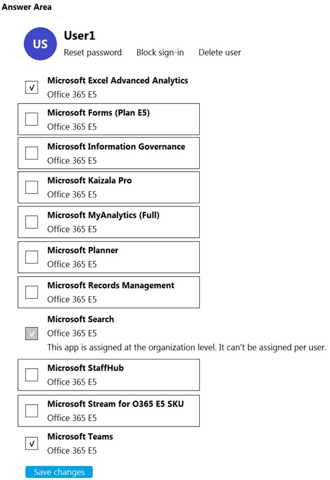 Answer Area

User1
Reset password Block sign-in Delete user

Microsoft Excel Advanced Analytics
Office 365 ES

Microsoft Forms (Plan E5)
Office 365 ES

Microsoft Information Governance
Office 365 ES

Microsoft Kaizala Pro
Office 365 ES

Microsoft MyAnalytics (Full)
Office 365 ES

Microsoft Planner
Office 365 ES

Microsoft Records Management
Office 365 ES

Microsoft Search
Office 365 ES
This app is assigned at the organization level. It can’t be assigned per user.

Microsoft StaffHub
Office 365 ES

Microsoft Stream for 0365 E5 SKU
Office 365 ES

Microsoft Teams
Office 365 ES