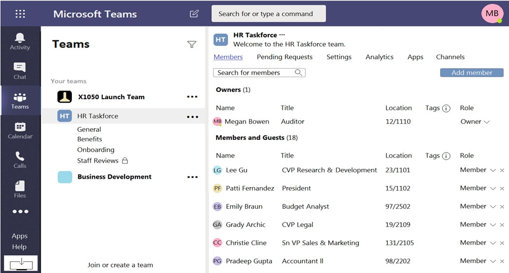 Microsoft Teams Z Search for or type a command

a reg HR Taskforce ~~
Teams ¥ Welcome to the HR Taskforce team.

Members Pending Requests Settings Analytics. = Apps Channels

{Search for members Qu ‘Add member

‘Owners (1)
we 1050 Launch Team oo
Teams Name Title Location Tags @_ Role
HR Taskforce aoe
8 Megan Bowen Auditor ano ‘Owner V
l=} General
Benefits Members and Guests (18)
Onboarding
Name Title Location Tags @)_Role
Staff Reviews A 9 ©
1G Lee Gu CVP Research & Development 23/1101 Member \ x
|) Business Development ose
a (PF Patti Fernandez President 15/1102 Member \ x
na £8 Emily Braun Budget Analyst 97/2502 Member \ x
& Grady Archic _CVP Legal 19/2109 Member \ x
ne we Cli i
& Christie Cline Sn VP Sales & Marketing 1331/2105 Member \ x