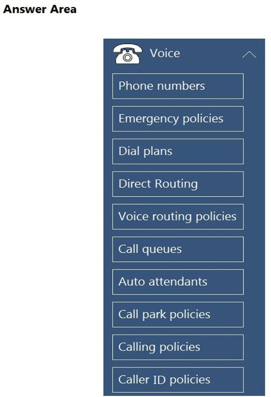 Answer Area

Sy Voice

Phone numbers

Emergency policies

Dial plans

Direct Routing

NV Lo} (elem colel tare Mele) tela

Call queues

Auto attendants

Call park policies

(@r-1| Tae oe) [Calls

Caller ID policies