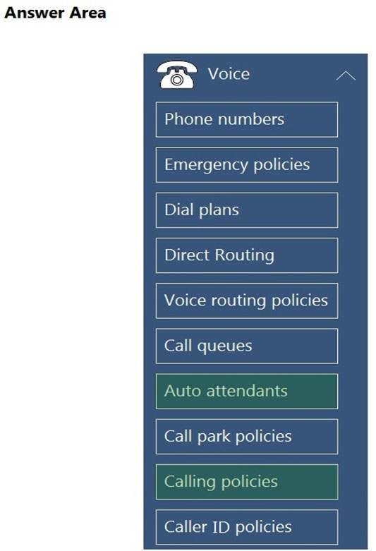 Answer Area

Voice

Phone numbers

Emergency policies

Dial plans

Direct Routing

NV Lo} (elem colel tare Mele) tela
Call queues

PANU vodr-lacciavel- lnc)

Call park policies

(@r-)| Tare exe) [Kall

Caller ID policies