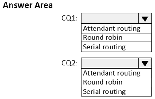 Answer Area

cqi:

CQ2:

Round robin
Serial routing

Vv

Attendant routing

Round robin
Serial routing

Vv

Attendant routing