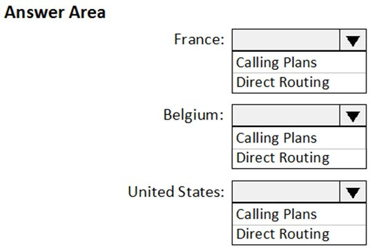 Answer Area

France: Vv
Calling Plans
Direct Routing

Belgium:

Calling Plans
Direct Routing

United States: Vv

Calling Plans
Direct Routing