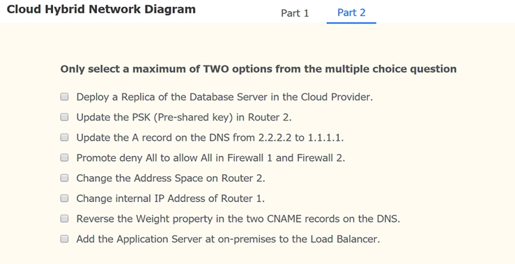 Cloud Hybrid Network Diagram Parti Part

Only select a maximum of TWO options from the mul

le choice question

© Deploy a Replica of the Database Server in the Cloud Provider.
© Update the PSK (Pre-shared key) in Router 2.
) Update the A record on the DNS from 2.2.2.2 to 1.1.1.1.
) Promote deny All to allow All in Firewall 1 and Firewall 2.
© Change the Address Space on Router 2.
© Change internal IP Address of Router 1.
© Reverse the Weight property in the two CNAME records on the DNS.

G Add the Application Server at on-premises to the Load Balancer.