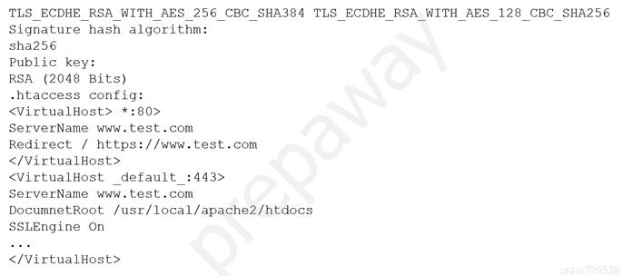 TLS_ECDHE_RSA_WITH_AES 256 CBC_SHA384
Signature hash algorithm:

sha256

Public key:
RSA (2048 Bits)
-htaccess confi:
<VirtualHost> *:80>

ServerName www.test.com

Redirect / https: //www.test.com
</VirtualHost>

<VirtualHost _default_:443>
ServerName www.test.com

DocumnetRoot /usr/local/apache2/htdocs
SSLEngine On

</VirtualHost>

TLS_ECDHE_RSA_WITH_AES 128 _CBC_SHA256