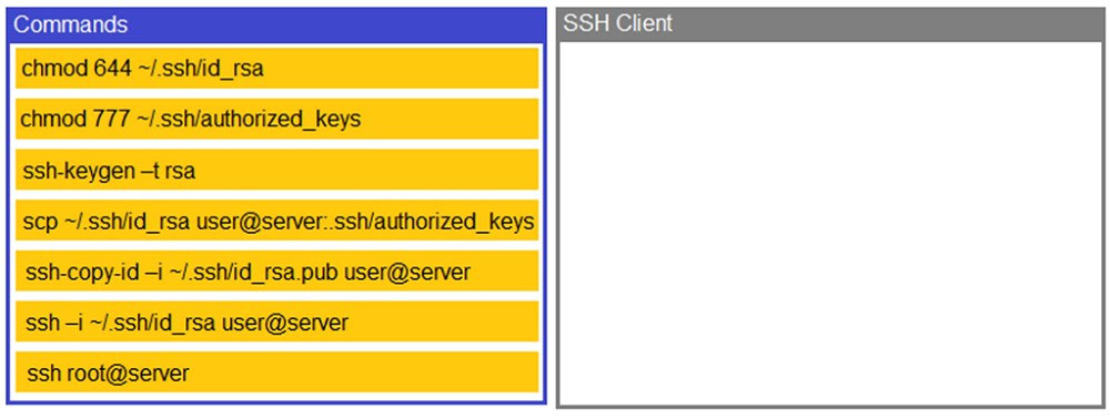 Commands SSH Client
chmod 644 ~/.ssh/id_rsa

chmod 777 ~/.ssh/authorized_keys

ssh-keygen -t rsa

scp ~/.ssh/id_rsa user@server:.ssh/authorized_keys

ssh-copy-id —i ~/.ssh/id_rsa.pub user@server
ssh -i ~/.ssh/id_rsa user@server

ssh root@server