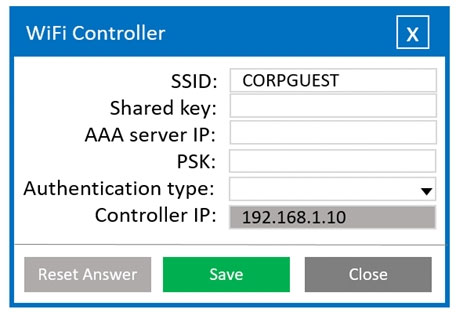 WiFi Controller

SSID: © CORPGUEST

Shared key:

AAA server IP:

PSK:

Authentication type:
Controller IP: )/4921468/1/10

oars } Close |