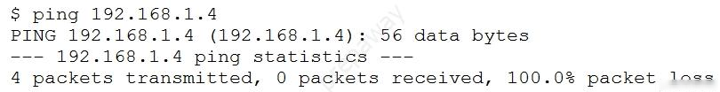 $ ping 192.168.1.4

PING 192.168.1.4 (192.168.1.4): 56 data bytes

--- 192.168.1.4 ping statistics —--

4 packets transmitted, 0 packets received, 100.0% packet loss