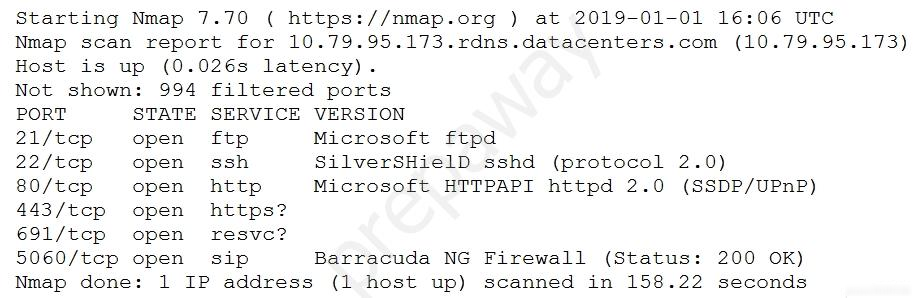 Starting Nmap 7.70 ( https://nmap.org ) at 2019-01-01 16:06 UTC
Nmap scan report for 10.79.95.173.rdns.datacenters.com (10.79.95.173
Host is up (0.026s latency).

Not shown: 994 filtered ports

PORT STATE SERVICE VERSION
21/tcp open ftp Microsoft ftpd

22/tcp open ssh SilverSHielD sshd (protocol 2.0)

80/tcp open http Microsoft HTTPAPI httpd 2.0 (SSDP/UPnP

443/tcp open https?
691/tcp open resvc?

5060/tcp open sip Barracuda NG Firewall (Status: 200 OK
Nmap done: 1 IP address (1 host up) scanned in 158.22 seconds