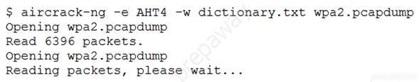 $ aircrack-ng -e AHT4 -w dictionary.txt wpa2.pcapdump
Opening wpa2.pcapdump

Read 6396 packets.

Opening wpa2.pcapdump

Reading packets, please wait...