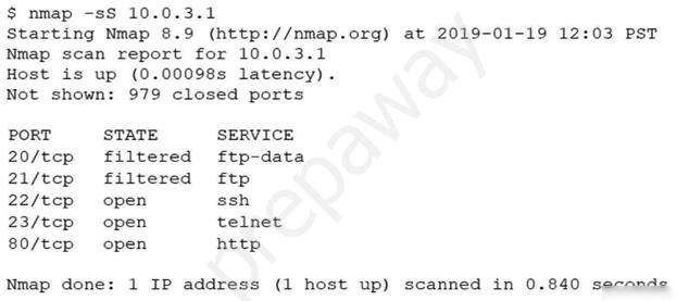 $ nmap -sS 10.0.3.1

Starting Nmap 8.9 (http://nmap.org) at 2019-01-19 12:03 PST
Nmap scan report for 10.0.3.1

Host is up (0.00098s latency).

Not shown: 979 closed ports

PORT STATE SERVICE
20/tep filtered ftp-data
21/tep filtered ftp

22/tcp open ssh
23/tcp open telnet
80/tcp open http

Nmap done: 1 IP address (1 host up) scanned in 0.840 seconde