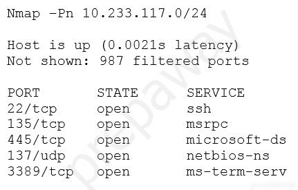 Nmap —-Pn 10.233.117.0/24

Host is up (0.0021s latency)
Not shown: 987 filtered ports

PORT STATE SERVICE
22/tep open ssh

135/tcp open msrpc
445/tcp open microsoft-ds
137/udp open netbios-ns

3389/tcp open ms-term-serv