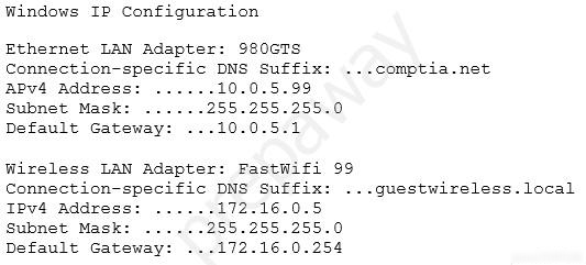 Windows IP Configuration

Ethernet LAN Adapter: 980GTS
Connection-specific DNS Suffix:
APv4 Address: ...... 10.0.5.99
Subnet Mask: eee 255.255 -255e 0
Default Gateway: ...10.0.5.1

Wireless LAN Adapter: FastWifi 99
Connection-specific DNS Suffix:
Ipv4 Address: ......172.16.0.5

Subnet Mask: -.-255.255.255.0
Default Gateway: ...172.16.0.254

...comptia.net

---guestwireless.local