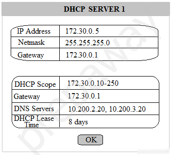 DHCP SERVER 1

— ———____
TP Address_| 172.30.0.5

‘Netmask 255.255.255.0

Gateway 172.30.0.1

‘DHCP Scope | _172.30.0.10-250

Gateway 172.30.0.1

10.200.2.20, 10.200.3.20

8 days