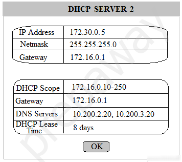 DHCP SERVER 2

ee’
172.30.0.5

255.255.255.0

Ugaevay [amacor

DHCP Scope | _172.16.0.10-250
Gateway 172.16.0.1

DNS Servers | 10.200.2.20, 10.200.3.20
DHCP Lease | 8 days