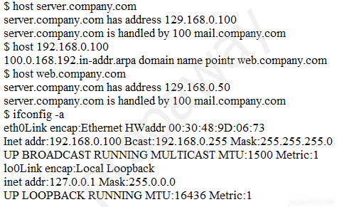 $ host server.company.com
server.company.com has address 129.168.0.100
server.company.com is handled by 100 mail. company.com

$ host 192.168.0.100
100.0.168.192.in-addr.arpa domain name pointr web.company.com
$ host web.company.com

server.company.com has address 129.168.0.50
server.company.com is handled by 100 mail. company.com

$ ifconfig -a

ethOLink encap:Ethernet HWaddr 00:30:48:9D:06:73

Inet addr:192.168.0.100 Beast: 192.168.0.255 Mask:255.255.255.0
UP BROADCAST RUNNING MULTICAST MTU:1500 Metric:1
1o0Link encap:Local Loopback

inet addr:127.0.0.1 Mask:255.0.0.0

UP LOOPBACK RUNNING MTU: 16436 Metric:1