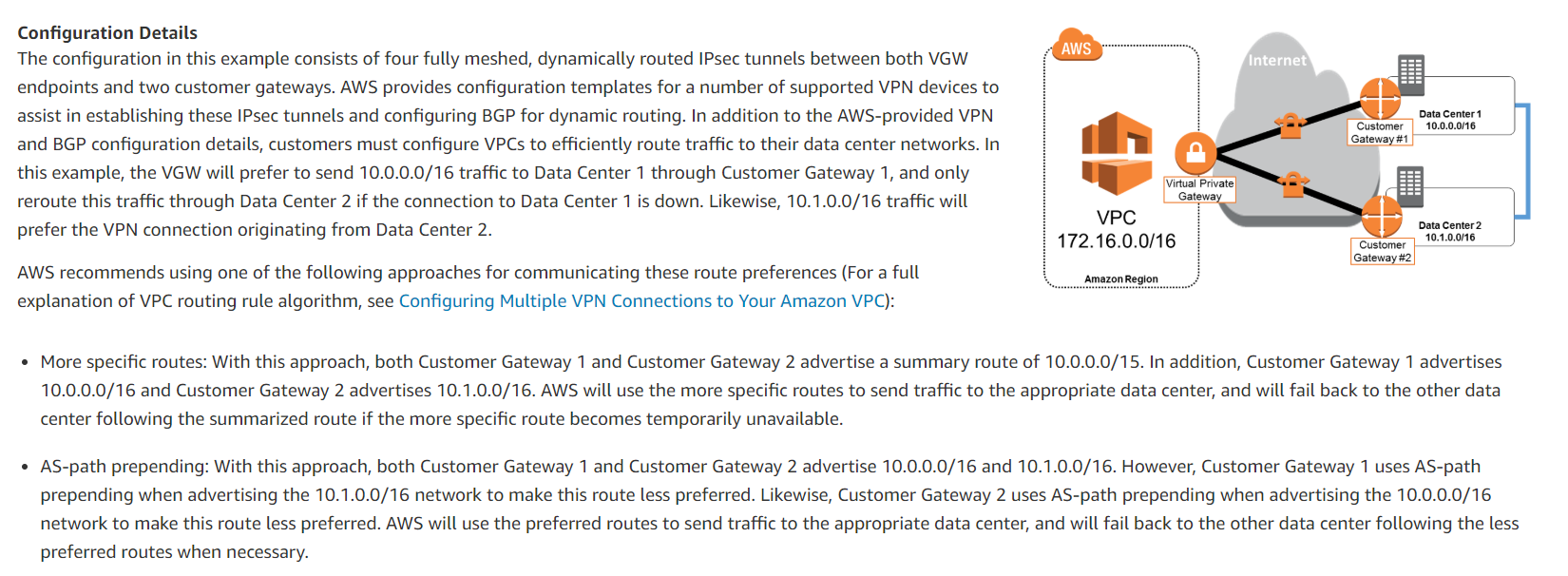 Configuration Details
The configuration in this example consists of four fully meshed, dynamically routed IPsec tunnels between both VGW

endpoints and two customer gateways. AWS provides configuration templates for a number of supported VPN devices to
assist in establishing these IPsec tunnels and configuring BGP for dynamic routing. In addition to the AWS-provided VPN
and BGP configuration details, customers must configure VPCs to efficiently route traffic to their data center networks. In
this example, the VGW will prefer to send 10.0.0.0/16 traffic to Data Center 1 through Customer Gateway 1, and only
reroute this traffic through Data Center 2 if the connection to Data Center 1 is down. Likewise, 10.1.0.0/16 traffic will

Datacenter
10.00.06

Data Center2
10.1.0.016

prefer the VPN connection originating from Data Center 2. 172.16.0.0/16

AWS recommends using one of the following approaches for communicating these route preferences (For a full
explanation of VPC routing rule algorithm, see Configuring Multiple VPN Connections to Your Amazon VPC):

* More specific routes: With this approach, both Customer Gateway 1 and Customer Gateway 2 advertise a summary route of 10.0.0.0/15. In addition, Customer Gateway 1 advertises
10.0.0.0/16 and Customer Gateway 2 advertises 10.1.0.0/16. AWS will use the more specific routes to send traffic to the appropriate data center, and will fail back to the other data
center following the summarized route if the more specific route becomes temporarily unavailable.

* AS-path prepending: With this approach, both Customer Gateway 1 and Customer Gateway 2 advertise 10.0.0.0/16 and 10.1.0.0/16. However, Customer Gateway 1 uses AS-path
prepending when advertising the 10.1.0.0/16 network to make this route less preferred. Likewise, Customer Gateway 2 uses AS-path prepending when advertising the 10.0.0.0/16
network to make this route less preferred. AWS will use the preferred routes to send traffic to the appropriate data center, and will fail back to the other data center following the less
preferred routes when necessary.