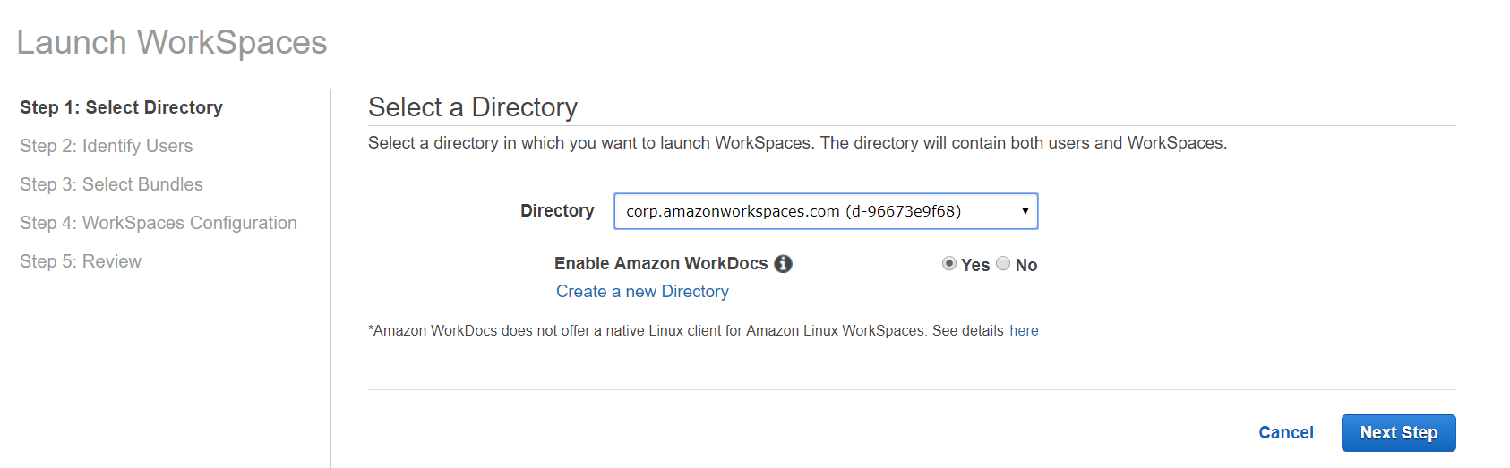 Launch WorkSpaces

Step 1: Select Directory

Step 2: Identify Users

Step 3: Select Bundles

Step 4: WorkSpaces Configuration
Step 5: Review

Select a Directory

Select a directory in which you want to launch WorkSpaces. The directory will contain both users and WorkSpaces.

Directory corp.amazonworkspaces.com (d-96673e9f68) v

Enable Amazon WorkDocs @ @ Yes ~ No
Create a new Directory

“Amazon WorkDocs does not offer a native Linux client for Amazon Linux WorkSpaces. See details here

Cancel Next Step