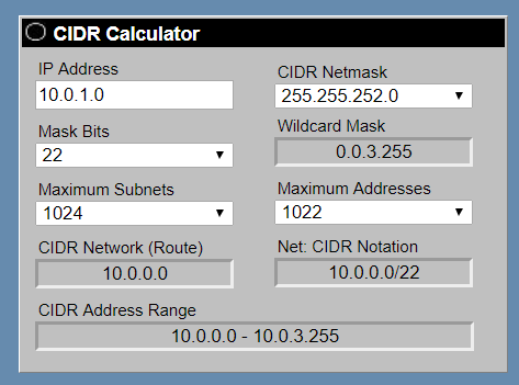 CIDR Calculator

oS CIDR Netmask
10.0.1.0 255.255.252.0
Mask Bits Wildcard Mask
22 0.0.3.255

Maximum Subnets. Maximum Addresses.
1024 1022

CIDR Network (Route) Net: CIDR Notation
10.0.0.0 10.0.0.0/22

CIDR Address Range
10.0.0.0 - 10.0.3.255.