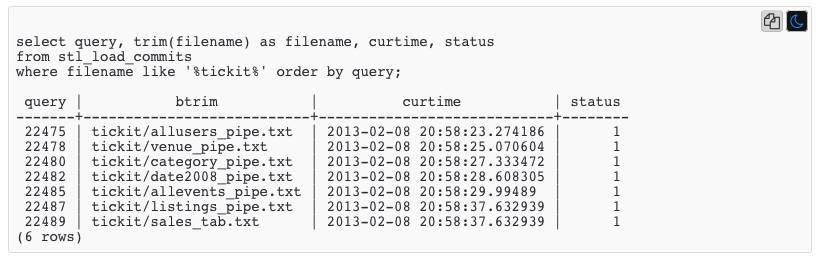 select query, trim(filename) as filename, curtime, status
from stl_load_commits
where filename like ‘Stickit’' order by query;

query | btrim | curtime | status

22475 | tickit/allusers_pipe.txt | 2013-02-08 20:58:23.274186 1
22478 | tickit/venue_pipe.txt 2013-02-08 20:58:25.070604 1
22480 | tickit/category pipe.txt | 2013-02-08 27.333472 1
22482 | tickit/date2008 pipe.txt | 2013-02-08 28.608305 1
22485 | tickit/allevents_pipe.txt | 2013-02-08 29.99489 1
22487 | tickit/listings pipe.txt | 2013-02-08 37.632939 1
22489 | tickit/sales_tab.txt 2013-02-08 20:58:37.632939 1

(6 rows)