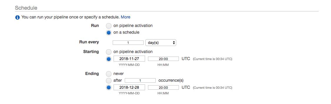 Schedule

@ You can run your pipeline once or specify a schedule. More

Run on pipeline activation
@ ona schedule

Run every [4 | day(s) J
Starting on pipeline activation

Ending never
after [4] occurrence(s)
@ [2018-12-28 | [20:00] UTC (Current time is 00:34 UTC)

YYYY-MM-DD HAMM