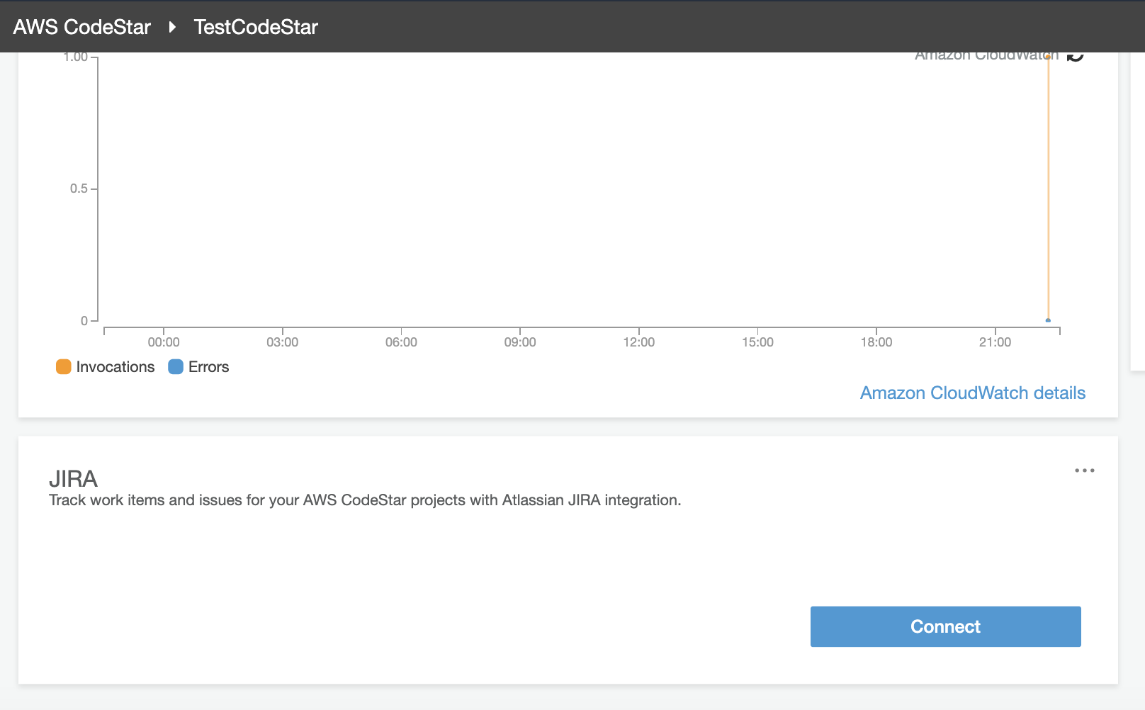 AWS CodeStar > TestCodeStar

0.54

o- .
T T T T T T T T
00:00 03:00 06:00 09:00 12:00 15:00 18:00 21:00

@ invocations @ Errors
Amazon CloudWatch details

JIRA ves

Track work items and issues for your AWS CodeStar projects with Atlassian JIRA integration.