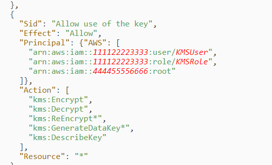 ‘Allow use of the key",
: "Allow",
"Principal": {"AWS": [

“arn: aws > iam (111122223333: BUS en AMSUS er >

ncrypt",

‘eEncrypt*",
enerateDatakey*",
“kms :DescribeKey”

1,

“Resource”: “*"
