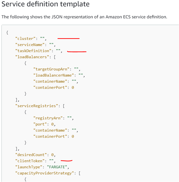 Service definition template

The following shows the JSON representation of an Amazon ECS service definition.

{
"cluster": "",
"serviceName":
"taskDefinition
"loadBalancers": [
{
“targetGroupArn": "",
"loadBalancerName" :
“containerName’
“containerPort' e
+
1,
"serviceRegistries": [
{
“registryAri
“port e,
“containerName": "",
“containerPort": @
+
1,

“desiredCount": @,

“clientToken" :

“launchType": "FARGATE",

“capacityProviderStrategy": [
{