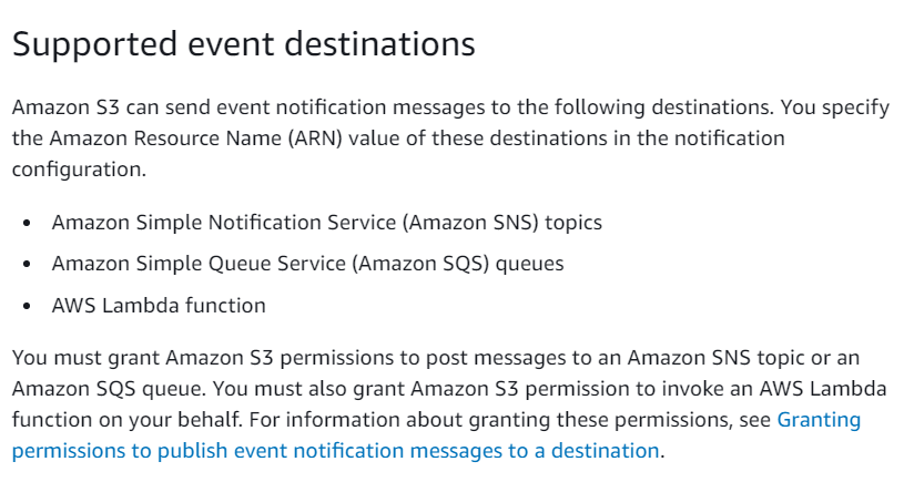 Supported event destinations

Amazon S3 can send event notification messages to the following destinations. You specify
the Amazon Resource Name (ARN) value of these destinations in the notification
configuration.

« Amazon Simple Notification Service (Amazon SNS) topics

* Amazon Simple Queue Service (Amazon SQS) queues

« AWS Lambda function
You must grant Amazon S3 permissions to post messages to an Amazon SNS topic or an
Amazon SQS queue. You must also grant Amazon S3 permission to invoke an AWS Lambda

function on your behalf. For information about granting these permissions, see Granting
permissions to publish event notification messages to a destination.
