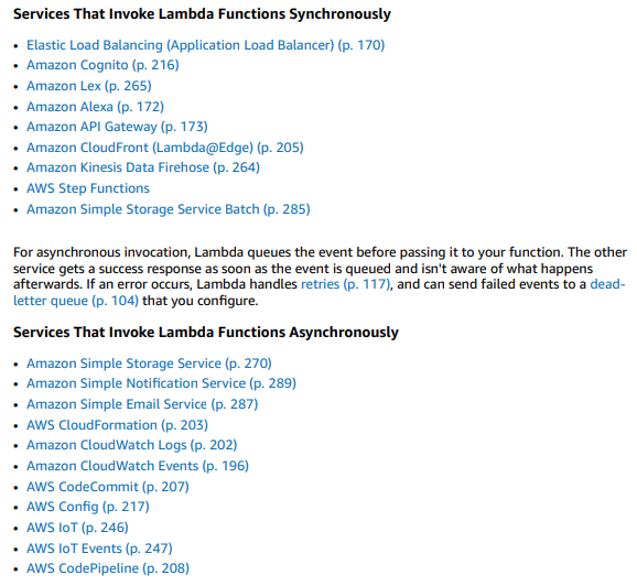 Servi

‘That Invoke Lambda Functions Synchronously_

+ Elastic Load Balancing (Application Load Balancer) (p. 170)
+ Amazon Cognito (p. 216)

+ Amazon Lex (p. 265)

+ Amazon Alexa (p. 172)

+ Amazon API Gateway (p. 173)

+ Amazon CloudFront (Lambda@Edge) (p. 205)

+ Amazon Kinesis Data Firehose (p. 264)

+ AWS Step Functions

+ Amazon Simple Storage Service Batch (p. 285)

For asynchronous invocation, Lambda queues the event before passing it to your function. The other
service gets a success response as soon as the event is queued and isn't aware of what happens
afterwards. If an error occurs, Lambda handles retries(p. 117), and can send failed events to a dead-

letter queue (p. 104) that you configure.
Servi

That Invoke Lambda Functions Asynchronously

‘+ Amazon Simple Storage Service (p. 270)
+ Amazon Simple Notification Service (p. 289)
‘+ Amazon Simple Email Service (p. 287)

‘+ AWS CloudFormation (p. 203)

+ Amazon CloudWatch Logs (p. 202)

‘+ Amazon CloudWatch Events (p. 196)

‘+ AWS CodeCommit (p. 207)

‘+ AWS Config (p. 217)

+ AWS loT (p. 246)

+ AWS loT Events (p. 247)

‘+ AWS CodePipeline (p. 208)