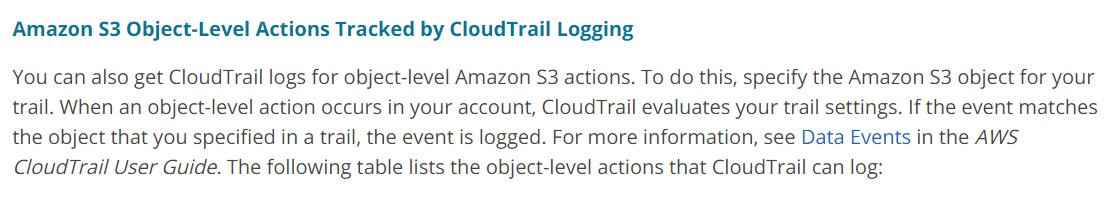 Amazon $3 Object-Level Actions Tracked by CloudTrail Logging

You can also get CloudTrail logs for object-level Amazon S3 actions. To do this, specify the Amazon S3 object for your
trail. When an object-level action occurs in your account, CloudTrail evaluates your trail settings. If the event matches
the object that you specified in a trail, the event is logged. For more information, see Data Events in the AWS
CloudTrail User Guide. The following table lists the object-level actions that CloudTrail can log: