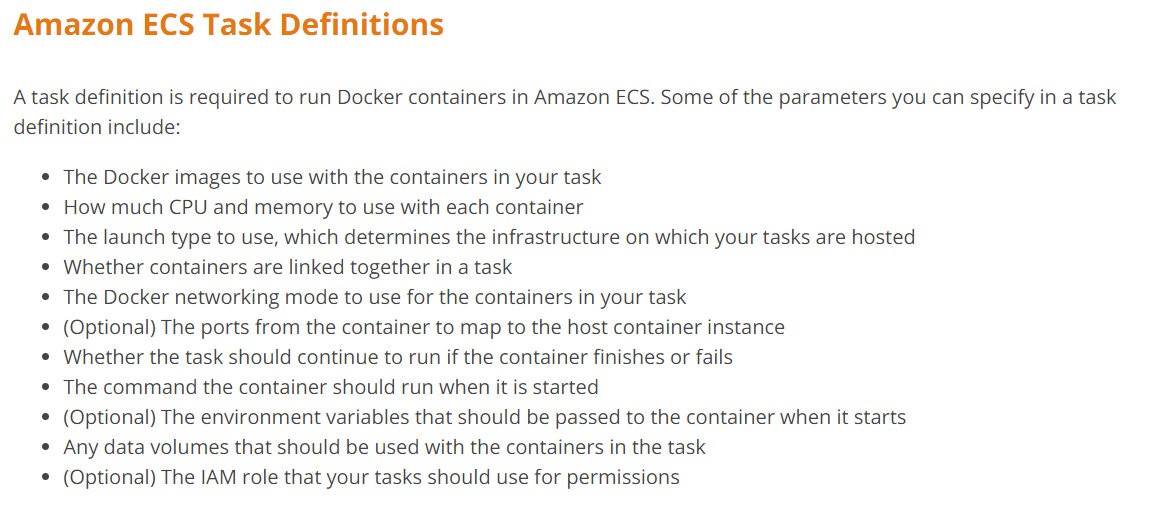 Amazon ECS Task Definitions

A task definition is required to run Docker containers in Amazon ECS. Some of the parameters you can specify in a task
definition include:

° The Docker images to use with the containers in your task

¢ How much CPU and memory to use with each container

¢ The launch type to use, which determines the infrastructure on which your tasks are hosted
¢ Whether containers are linked together in a task

¢ The Docker networking mode to use for the containers in your task

© (Optional) The ports from the container to map to the host container instance

© Whether the task should continue to run if the container finishes or fails

¢ The command the container should run when it is started

© (Optional) The environment variables that should be passed to the container when it starts
¢ Any data volumes that should be used with the containers in the task

© (Optional) The IAM role that your tasks should use for permissions