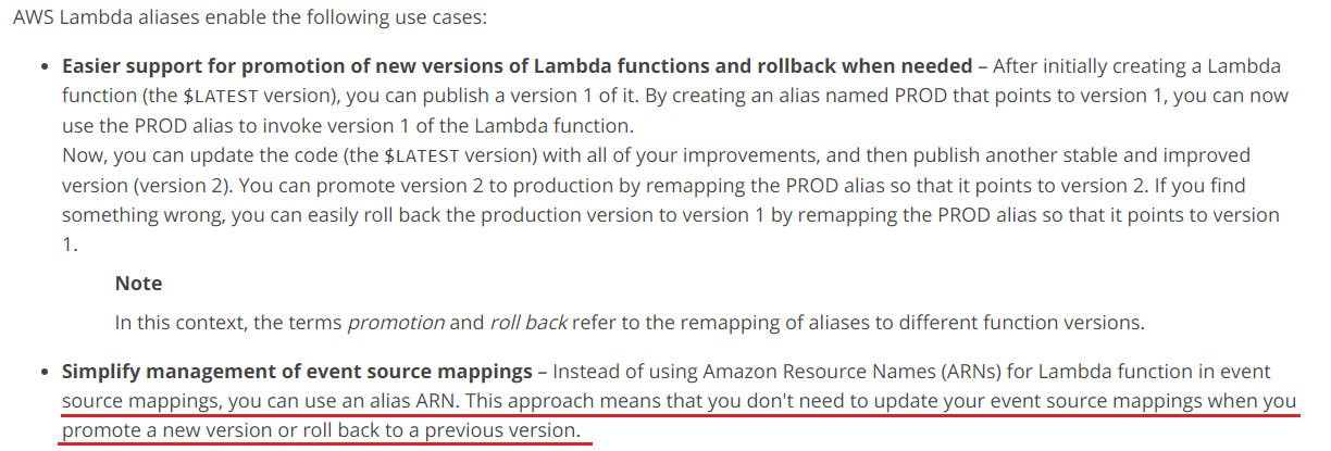 AWS Lambda aliases enable the following use cases:

Easier support for promotion of new versions of Lambda functions and rollback when needed - After initially creating a Lambda
function (the $LATEST version), you can publish a version 1 of it. By creating an alias named PROD that points to version 1, you can now
use the PROD alias to invoke version 1 of the Lambda function.

Now, you can update the code (the $LATEST version) with all of your improvements, and then publish another stable and improved
version (version 2). You can promote version 2 to production by remapping the PROD alias so that it points to version 2. If you find
something wrong, you can easily roll back the production version to version 1 by remapping the PROD alias so that it points to version
1.

Note

In this context, the terms promotion and roll back refer to the remapping of aliases to different function versions.

Simplify management of event source mappings - Instead of using Amazon Resource Names (ARNs) for Lambda function in event
source mappings, you can use an alias ARN. This approach means that you don't need to update your event source mappings when you

promote a new version or roll back to a previous version