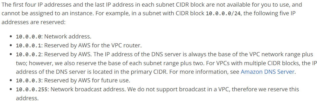 The first four IP addresses and the last IP address in each subnet CIDR block are not available for you to use, and
cannot be assigned to an instance. For example, in a subnet with CIDR block 10.@.@.0/24, the following five IP
addresses are reserved:

© 1¢.0.0.0: Network address.

© 10.0.0.1: Reserved by AWS for the VPC router.

° 10.0.0.2: Reserved by AWS. The IP address of the DNS server is always the base of the VPC network range plus
two; however, we also reserve the base of each subnet range plus two. For VPCs with multiple CIDR blocks, the IP
address of the DNS server is located in the primary CIDR. For more information, see Amazon DNS Server.

° 10.0.0.3: Reserved by AWS for future use.

° 10.@.@.255: Network broadcast address. We do not support broadcast in a VPC, therefore we reserve this
address.