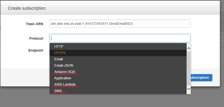 Create subscription

Topic ARN —_arn-aws‘sns-us-east-1:914173161611:SendEmailSES

Protocol

Endpoint

Email
Email-JSON
Amazon SQS

Application

AWS Lambda
sms