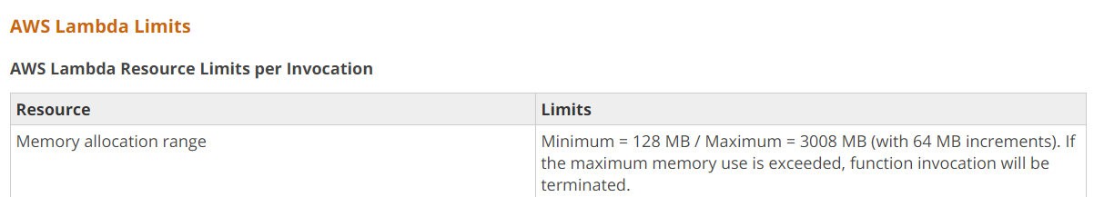 AWS Lambda Limits
AWS Lambda Resource Limits per Invocation

Resource Limits

Minimum = 128 MB / Maximum = 3008 MB (with 64 MB increments). If
the maximum memory use is exceeded, function invocation will be
terminated.

Memory allocation range
