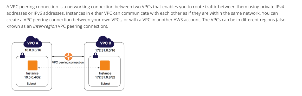 AVPC peering connection is a networking connection between two VPCs that enables you to route traffic between them using private IPv4
addresses or IPv6 addresses. Instances in either VPC can communicate with each other as if they are within the same network. You can

create a VPC peering connection between your own VPCs, or with a VPC in another AWS account. The VPCs can be in different regions (also
known as an inter-region VPC peering connection).

10.0.0.0/16 172.31.0.016