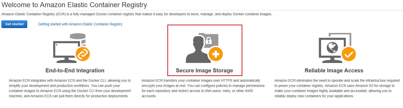 Welcome to Amazon Elastic Container Registry

‘Amazon Elastic Container Registry (ECR) is a fully-managed Docker container registry that makes it easy for developers to store, manage, and deploy Docker container images.

Getting started with Amazon Elastic Container Registry

* =

End-to-End Integration

Amazon ECR integrates with Amazon ECS and the Docker CLI, allowing you to
simplify your development and production workflows. You can push your
container images to Amazon ECR using the Docker CLI from your development
machine, and Amazon ECS can pull them directly for production deployments.

Secure Image Storage

Amazon ECR transfers your container images over HTTPS and automatically
encrypts your images at rest. You can configure policies to manage permissions

for each repository and restrict access to IAM users, roles, or other AWS
accounts.

oy

Reliable Image Access

‘Amazon ECR eliminates the need to operate and scale the infrastructure required
to power your container registry. Amazon ECR uses Amazon S3 for storage to
make your container images highly available and accessible, allowing you to
reliably deploy new containers for your applications.