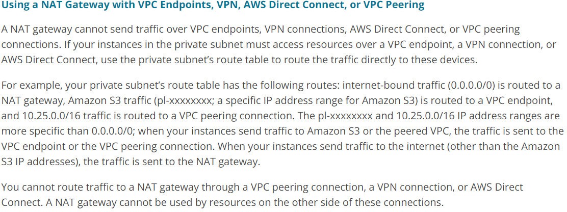 Using a NAT Gateway with VPC Endpoints, VPN, AWS Direct Connect, or VPC Peering

ANAT gateway cannot send traffic over VPC endpoints, VPN connections, AWS Direct Connect, or VPC peering
connections. If your instances in the private subnet must access resources over a VPC endpoint, a VPN connection, or
AWS Direct Connect, use the private subnet's route table to route the traffic directly to these devices.

For example, your private subnet's route table has the following routes: internet-bound traffic (0.0.0.0/0) is routed to a
NAT gateway, Amazon S3 traffic (pl-xxxxxxxx; a specific IP address range for Amazon S3) is routed to a VPC endpoint,
and 10.25.0.0/16 traffic is routed to a VPC peering connection. The pl-xxxxxxxx and 10.25.0.0/16 IP address ranges are
more specific than 0.0.0.0/0; when your instances send traffic to Amazon S3 or the peered VPC, the traffic is sent to the
VPC endpoint or the VPC peering connection. When your instances send traffic to the internet (other than the Amazon
S3 IP addresses), the traffic is sent to the NAT gateway.

You cannot route traffic to a NAT gateway through a VPC peering connection, a VPN connection, or AWS Direct
Connect. A NAT gateway cannot be used by resources on the other side of these connections.