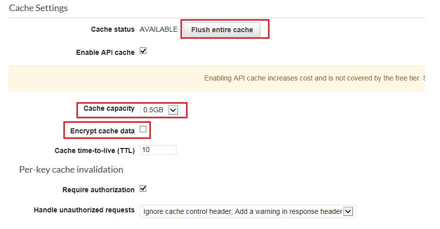 Cache Settings

Cache status AVAILABLE} Flush entire cache

Enable API cache Mi

Enabling API cache increases cost and is not covered by the free tier. ¢

Cache capacity 0.568 [v|
Encrypt cache data (1

Cache time-to-live (TTL) 10
Per-key cache invalidation

Require authorization VI

Handle unauthorized requests |gnore cache control header, Add a warning in response header |