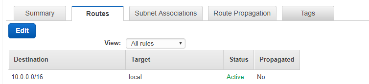 summary Routes ‘Subnet Associations Route Propagation Tags

Destination Target Status  Propagated

View: | All rules v

10.0.0.016 local Active No